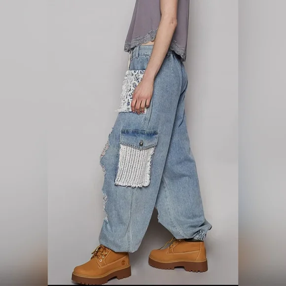 POL Blue Denim Jeans with Distressed Lace Design - Picture 6 of 12